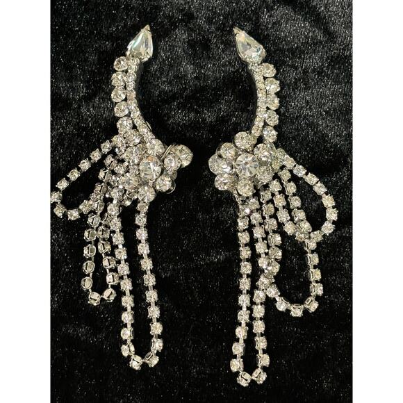 Vintage Juliana Mid-Century Clip-On Crawler Earrings Clear Rhinestones - Picture 2 of 5